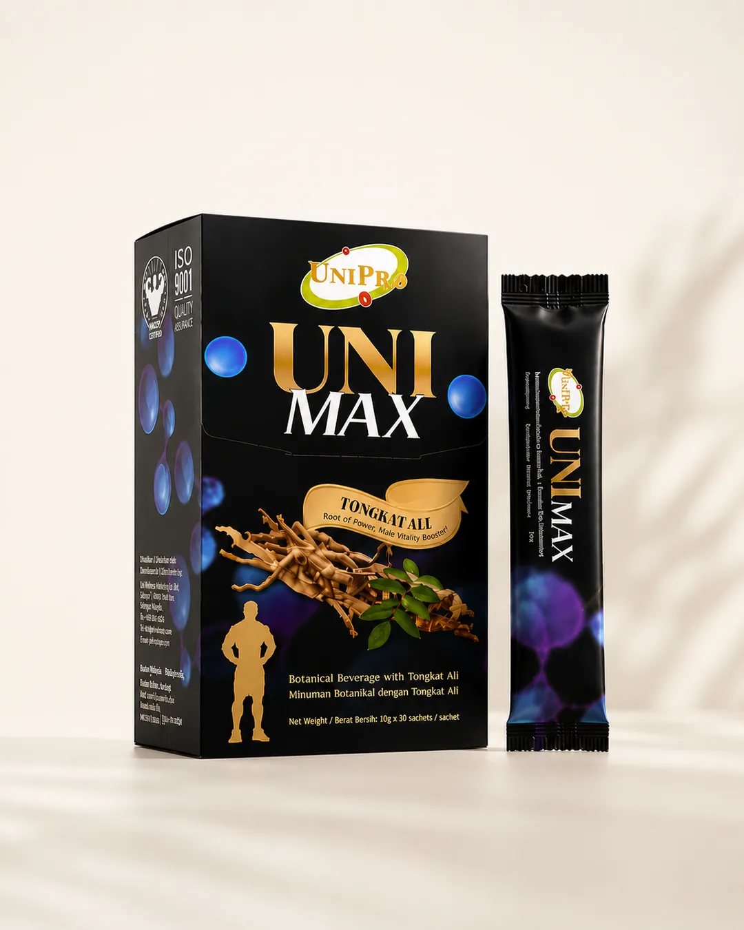 UNI MAX botanical lychee vitality drink box and sachet, clean studio shot